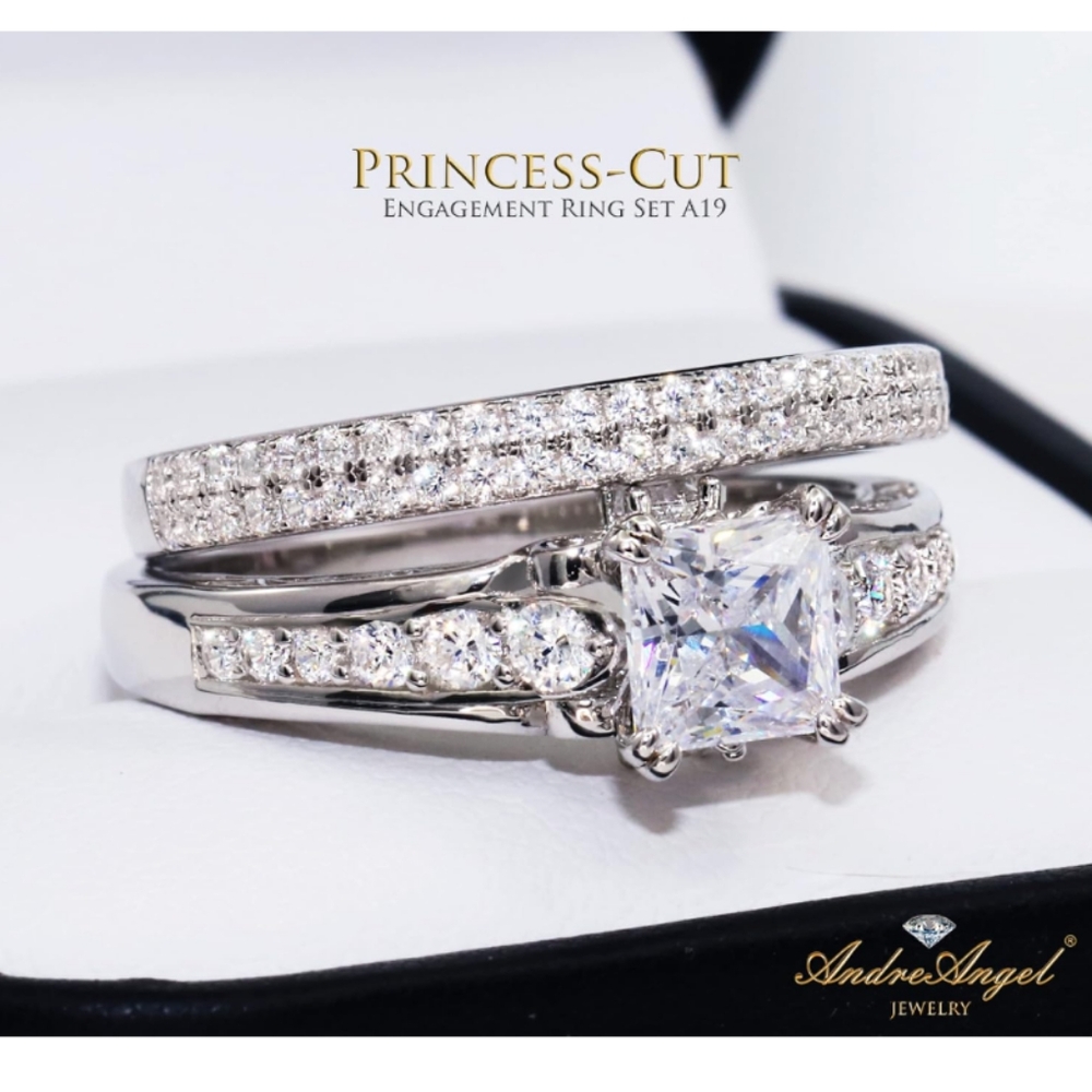 NEW AndreAngel Sterling Silver 2 Piece Princess Cut Engagement / Wedding Set